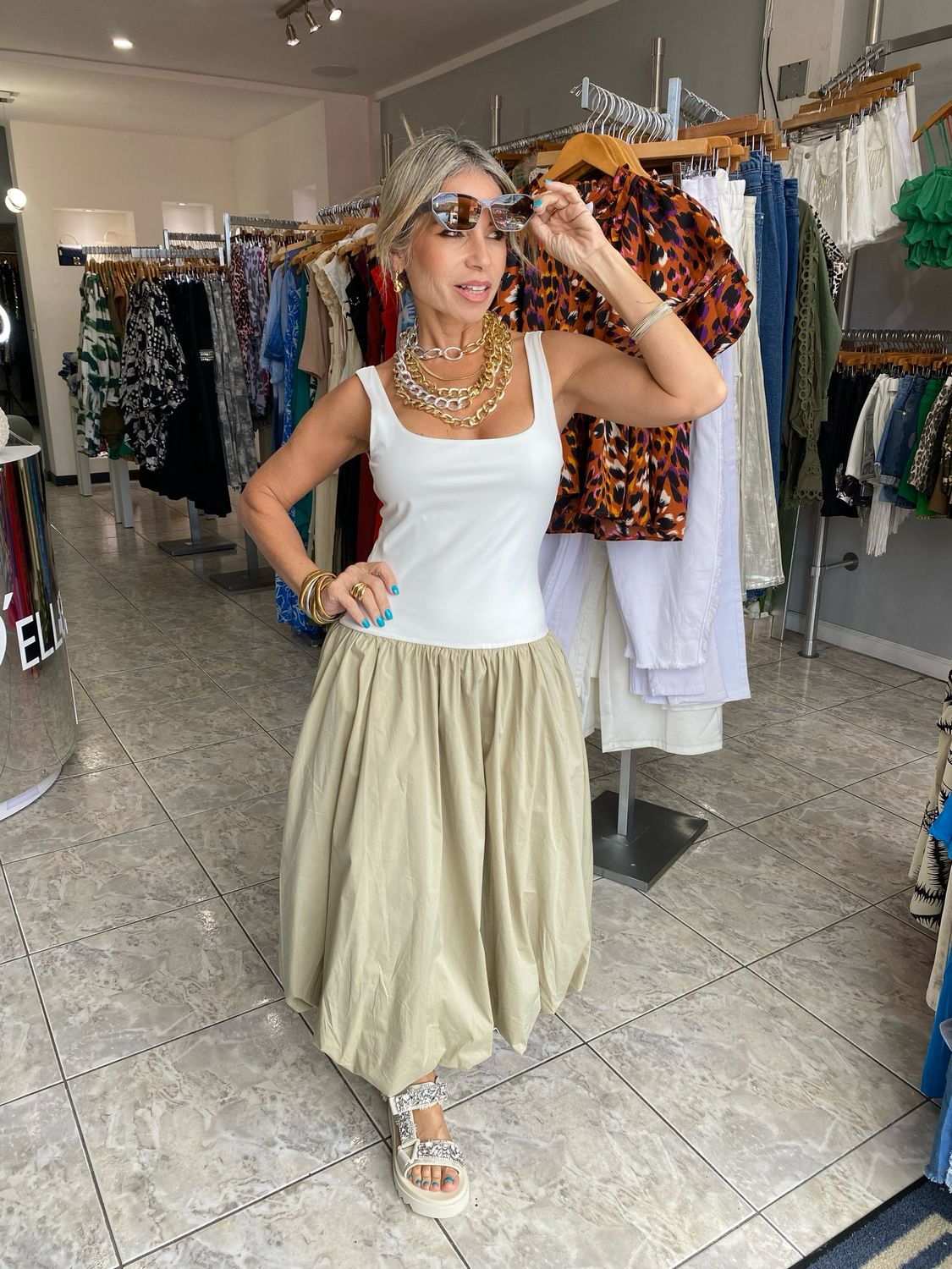 White/Taupe Midi Balloon Dress