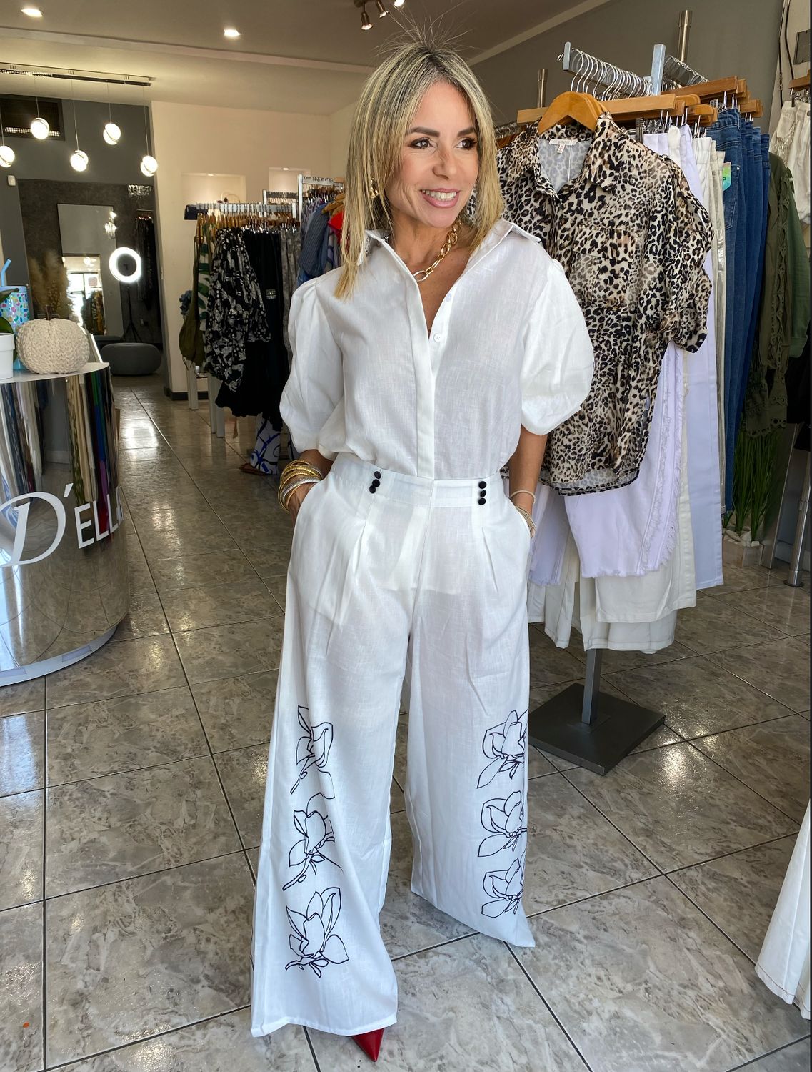 White Or Navy Floral Detail Pants Set