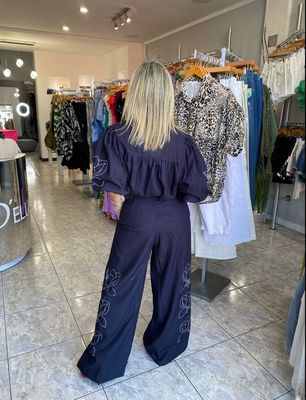 White Or Navy Floral Detail Pants Set