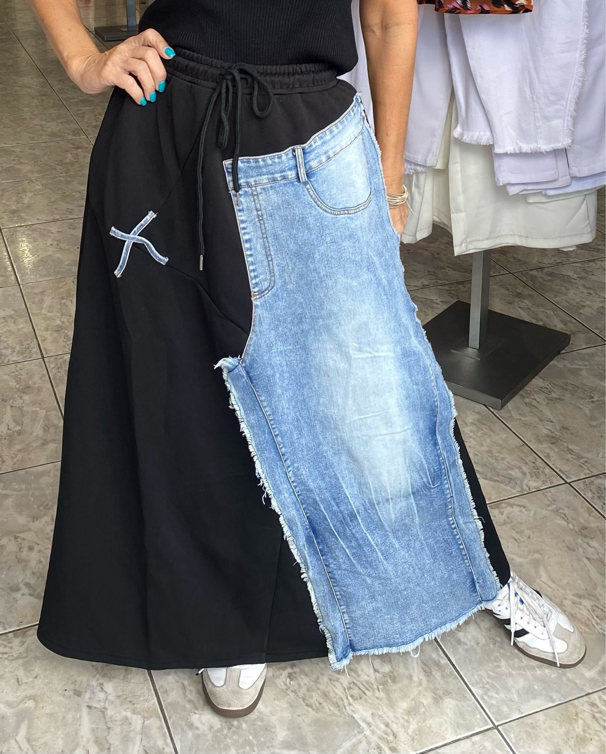 Denim Blue/Black Midi Skirt