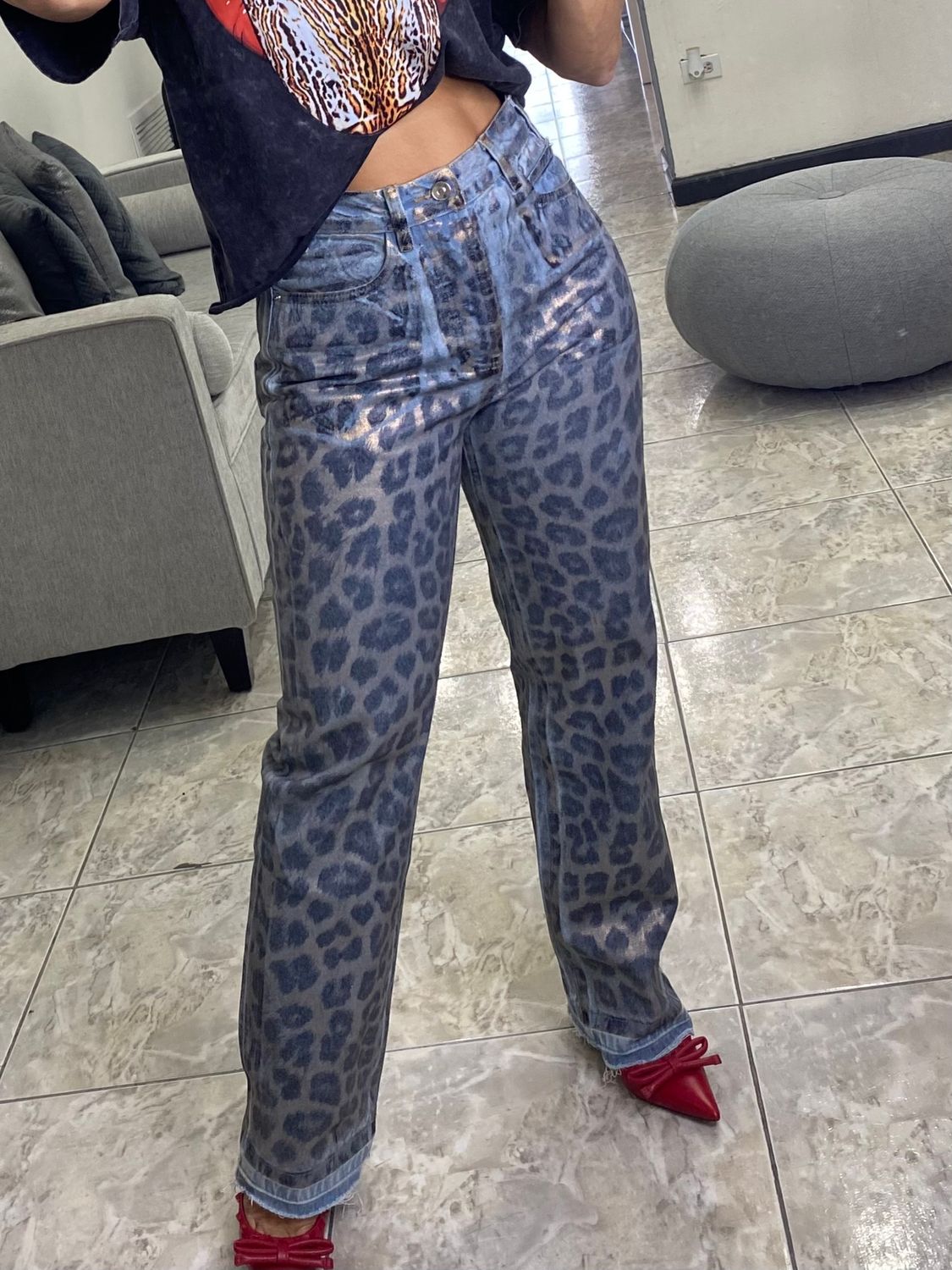 Blue Denim Metallic Leopard Jeans