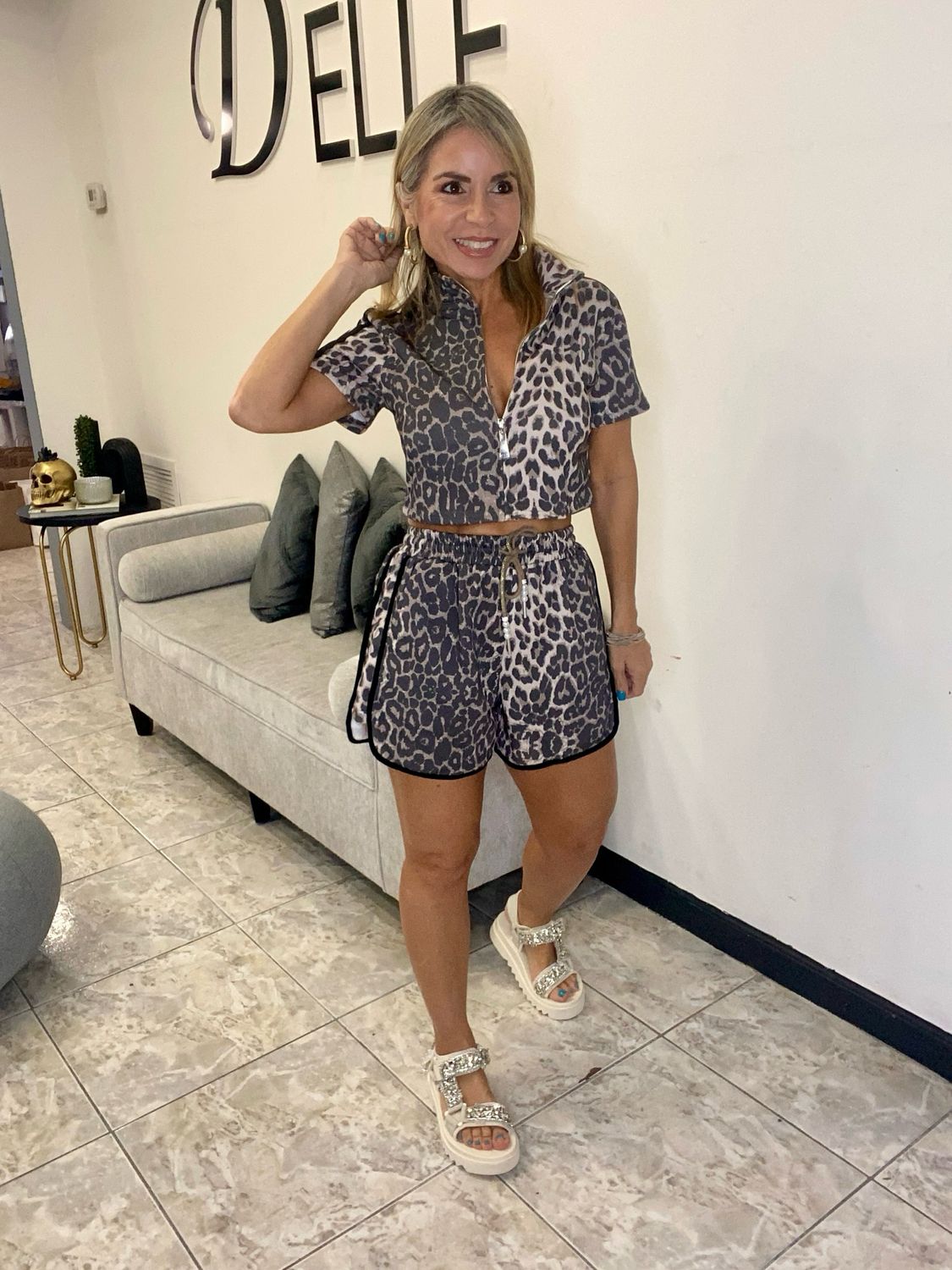 Grey Leopard Sport Short Set