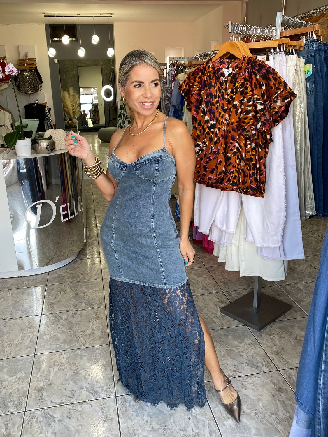Whashed Denim/Lace Maxi Strap Dress