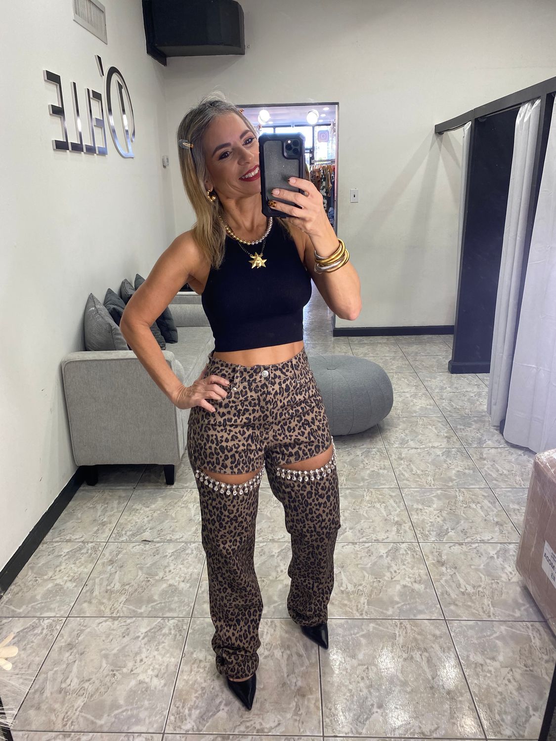 Brown Leopard Print Rhinestone Detail Jeans