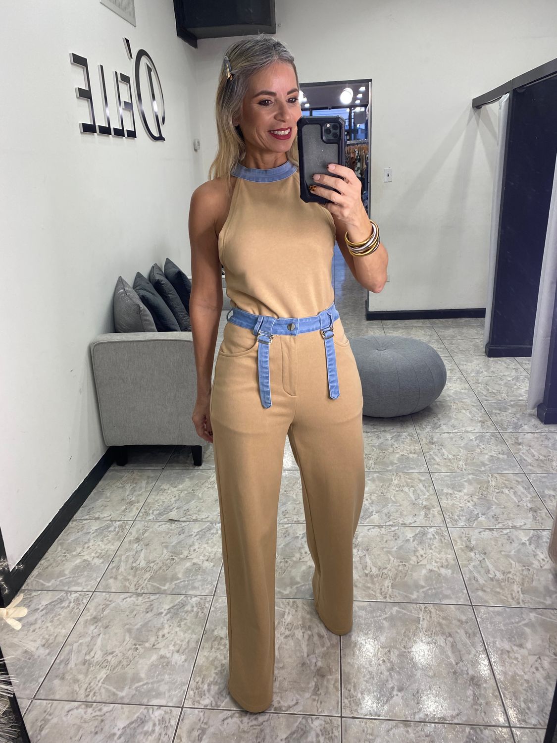 Beige Contrast Denim Set