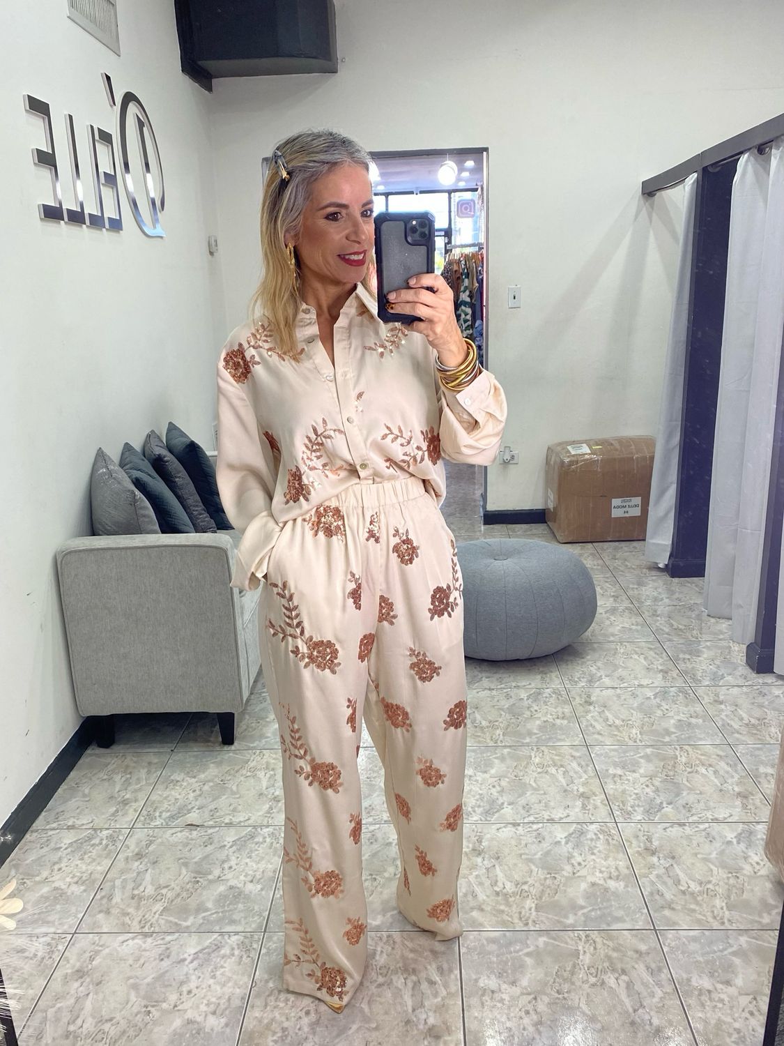 Cream Beige Sequins Detail Pant Set