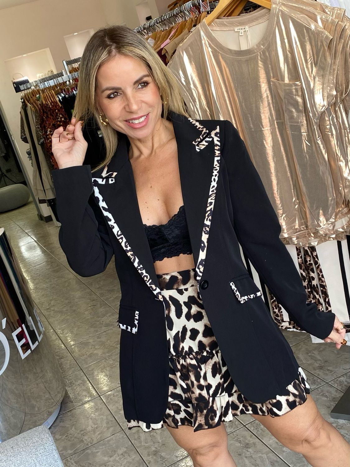 Black Or Beige Animal Print Detail Blazer
