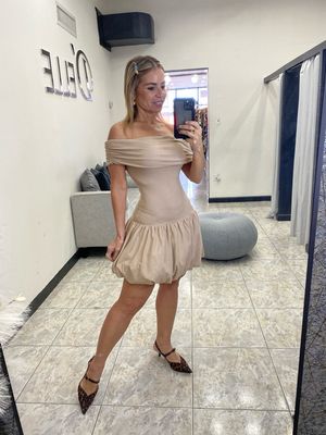 Nude Off Shoulder Balloon Dress