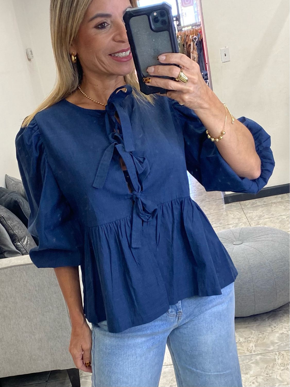 Navy Or Lt Taupe 3/4 Sleeve Woven Blouse Top