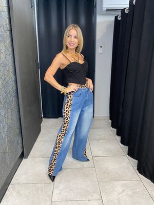 Denim Blue Leopard Detail Pants 