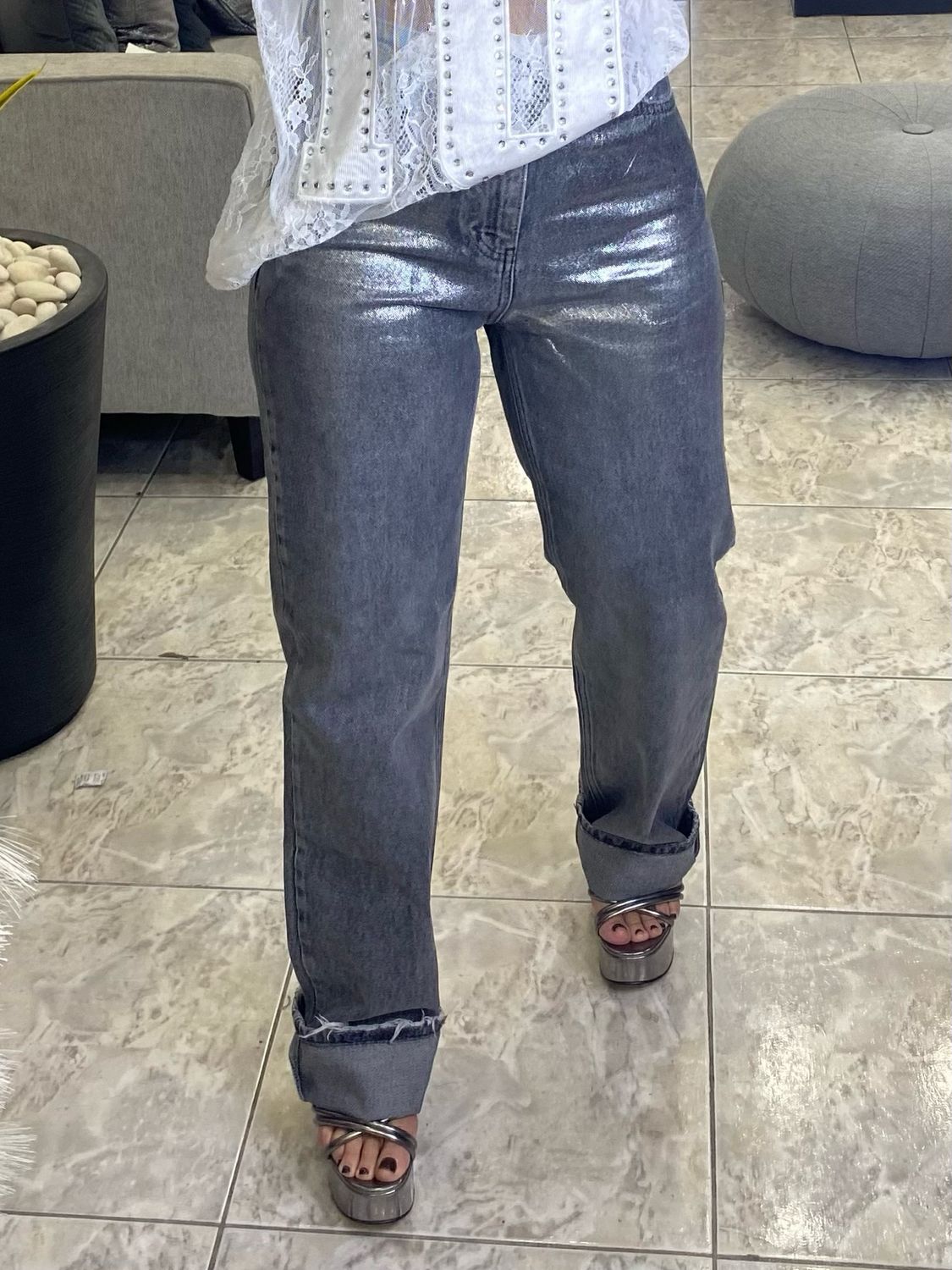 Grey Metallic Denim Pant