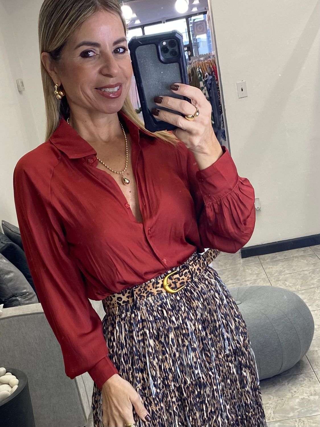 Brick Red Satin Long Sleeves Blouse
