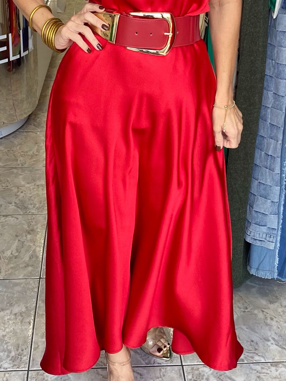Red Flowy Midi Skirt