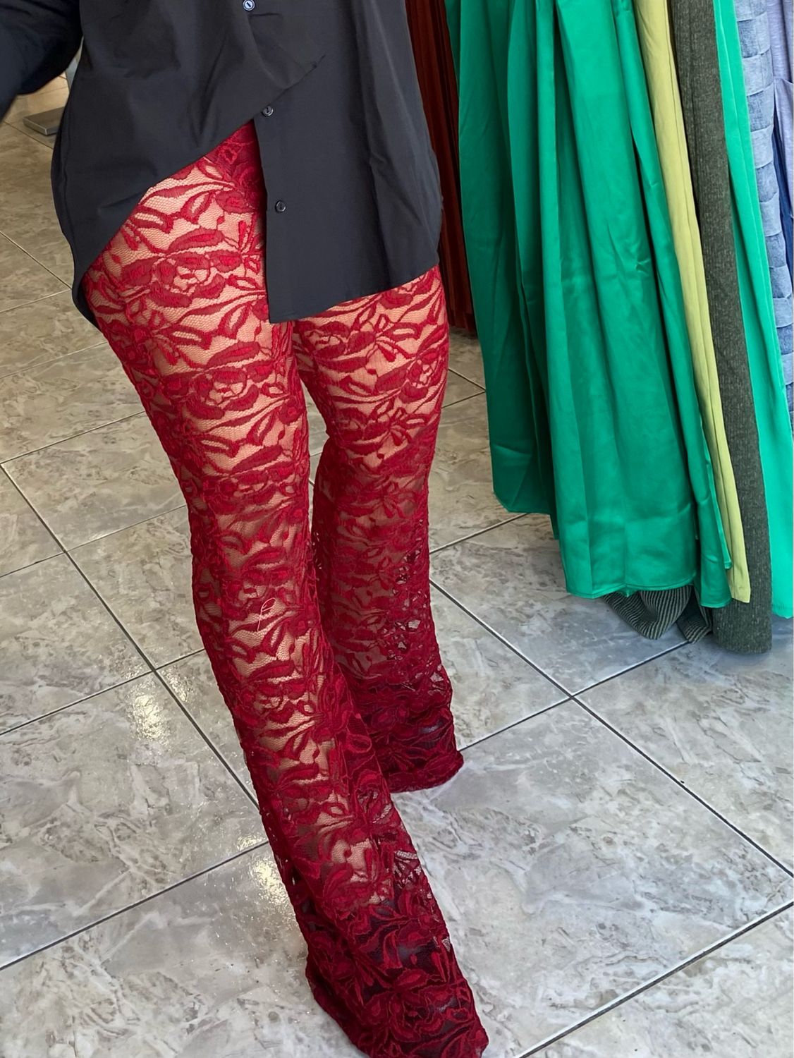 Burgundy Lace Elastic Pants