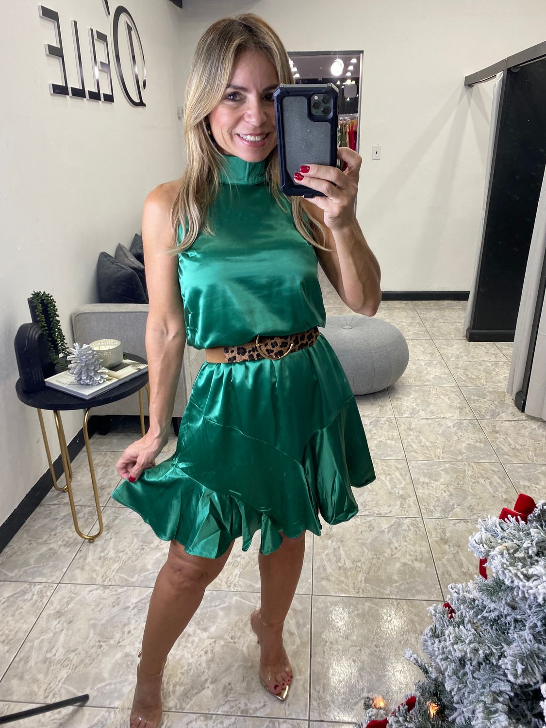 Green Satin Solid Mini Dress