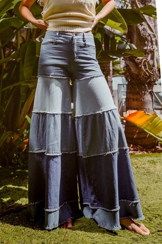 Denim Washed Colorblock Flare Pants