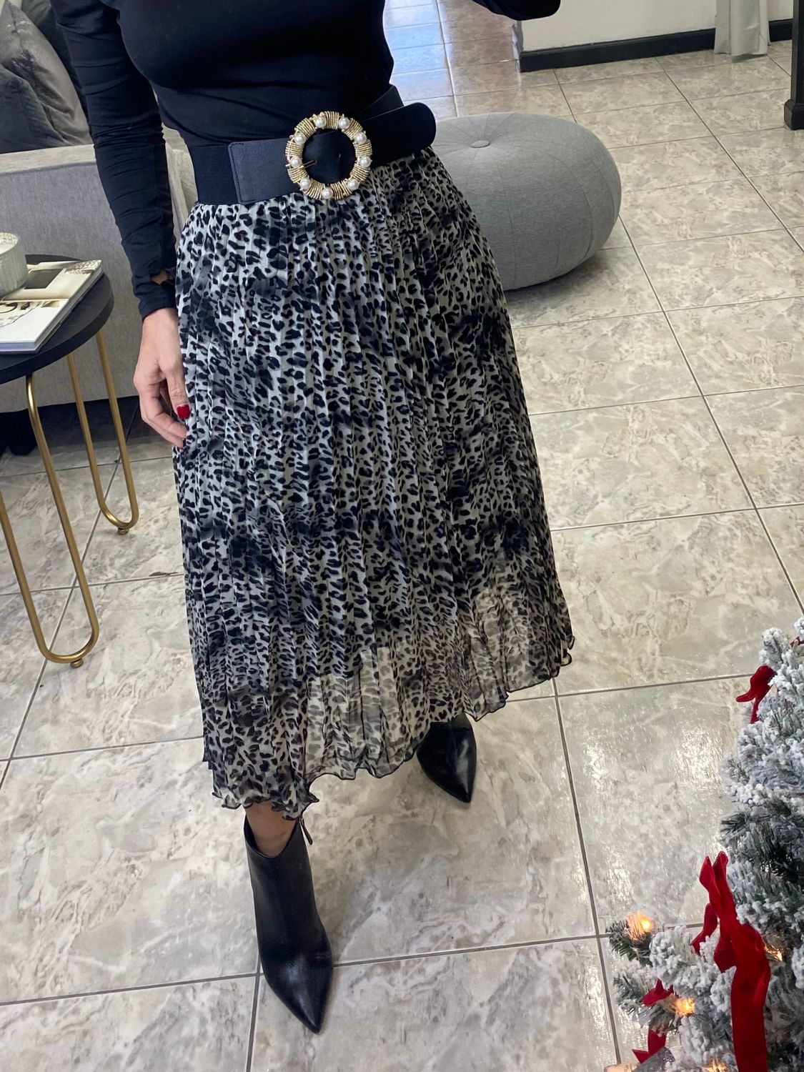 Leopard Chiffon Pleated Midi Skirt