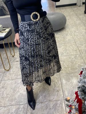 Leopard Chiffon Pleated Midi Skirt