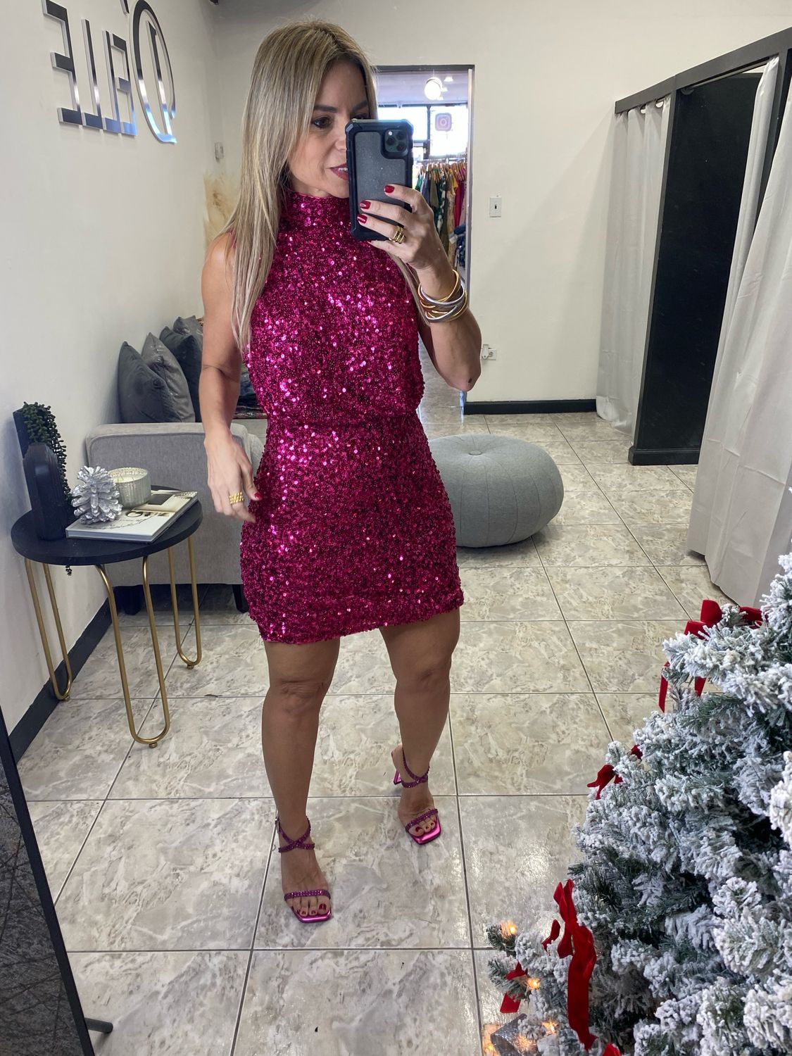Hot Pink Glitter Mini Dress