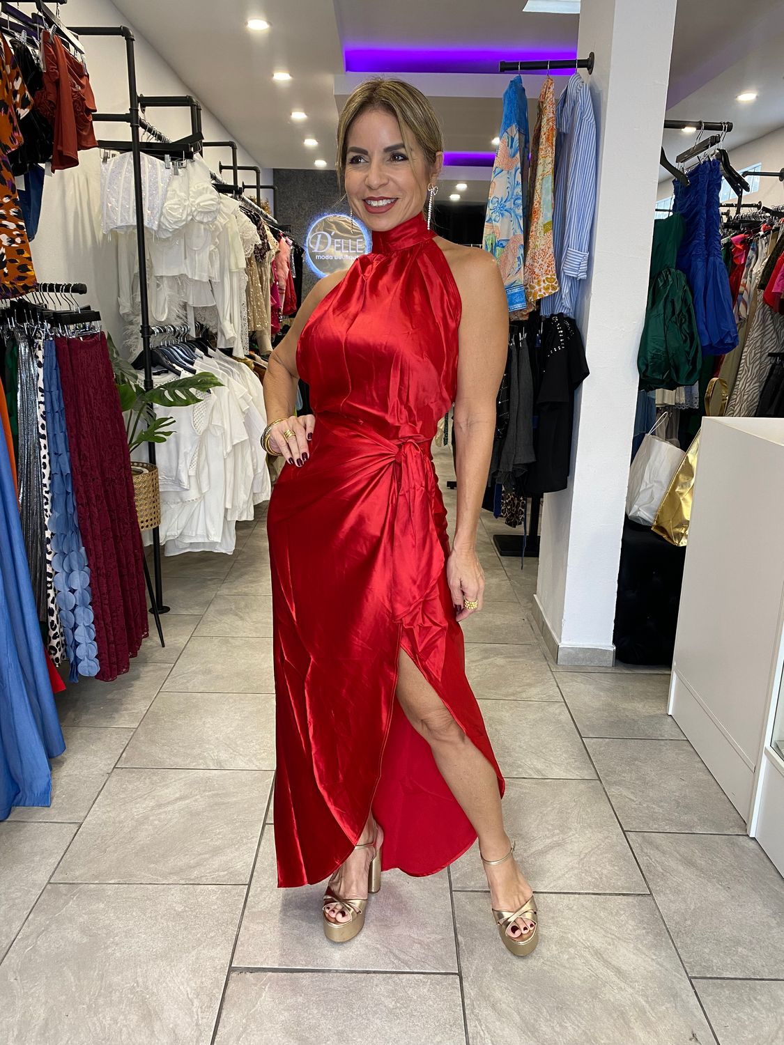 Red Wrap Skirt Midi Dress