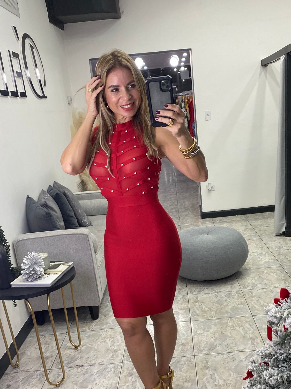 Apple Red Rhinestone Mini Dress