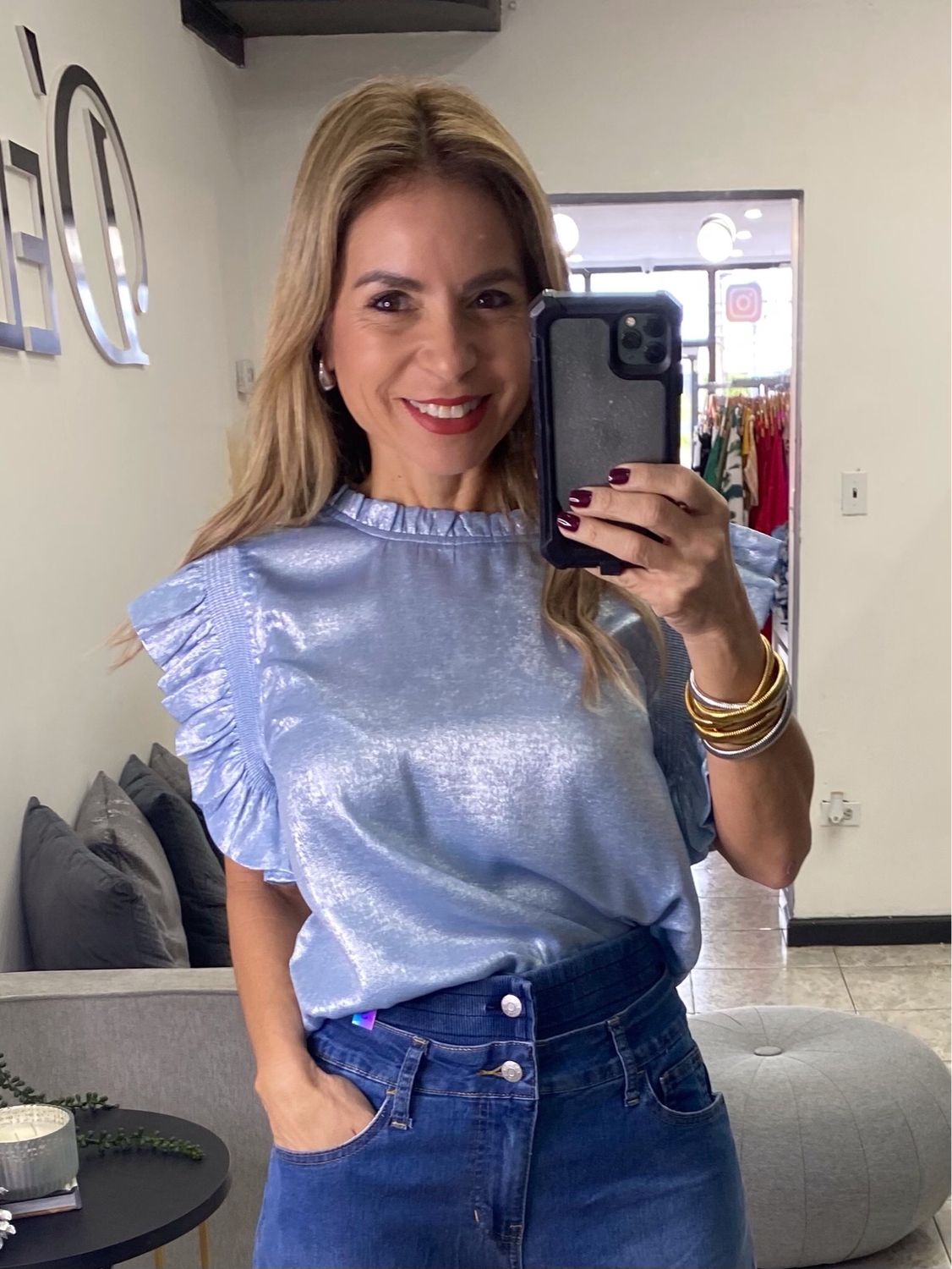 Sky Blue Or Gold Ruffle Sleeveless Top