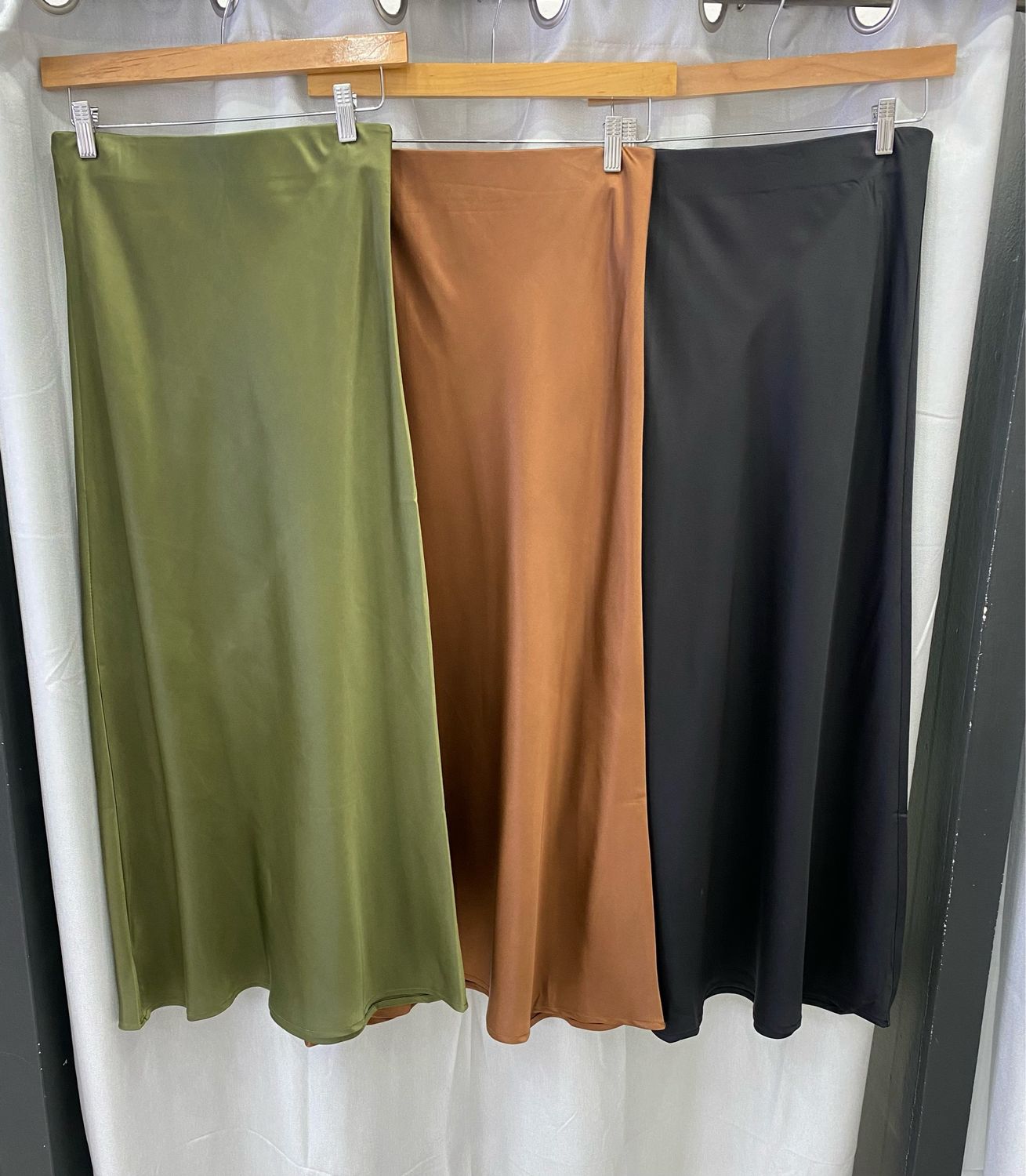 Brown, Olive Or Black Satin Midi Skirt
