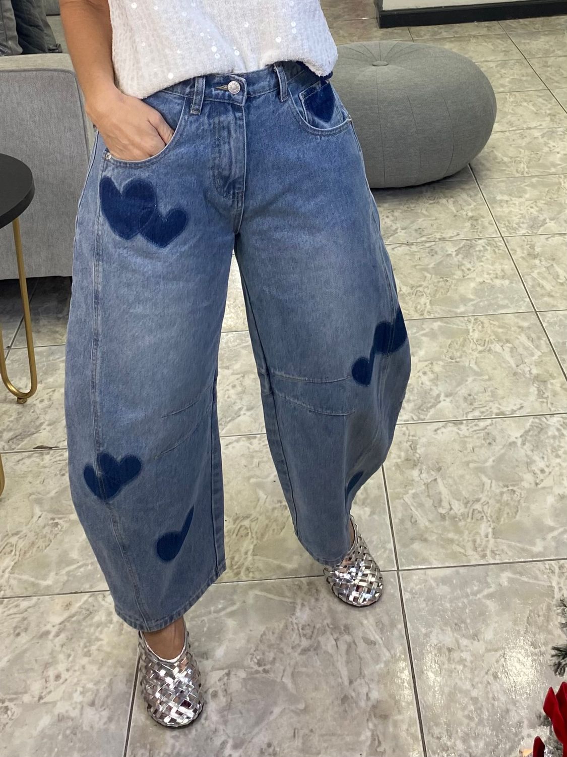 Med Denim Heart Western Style Pants.