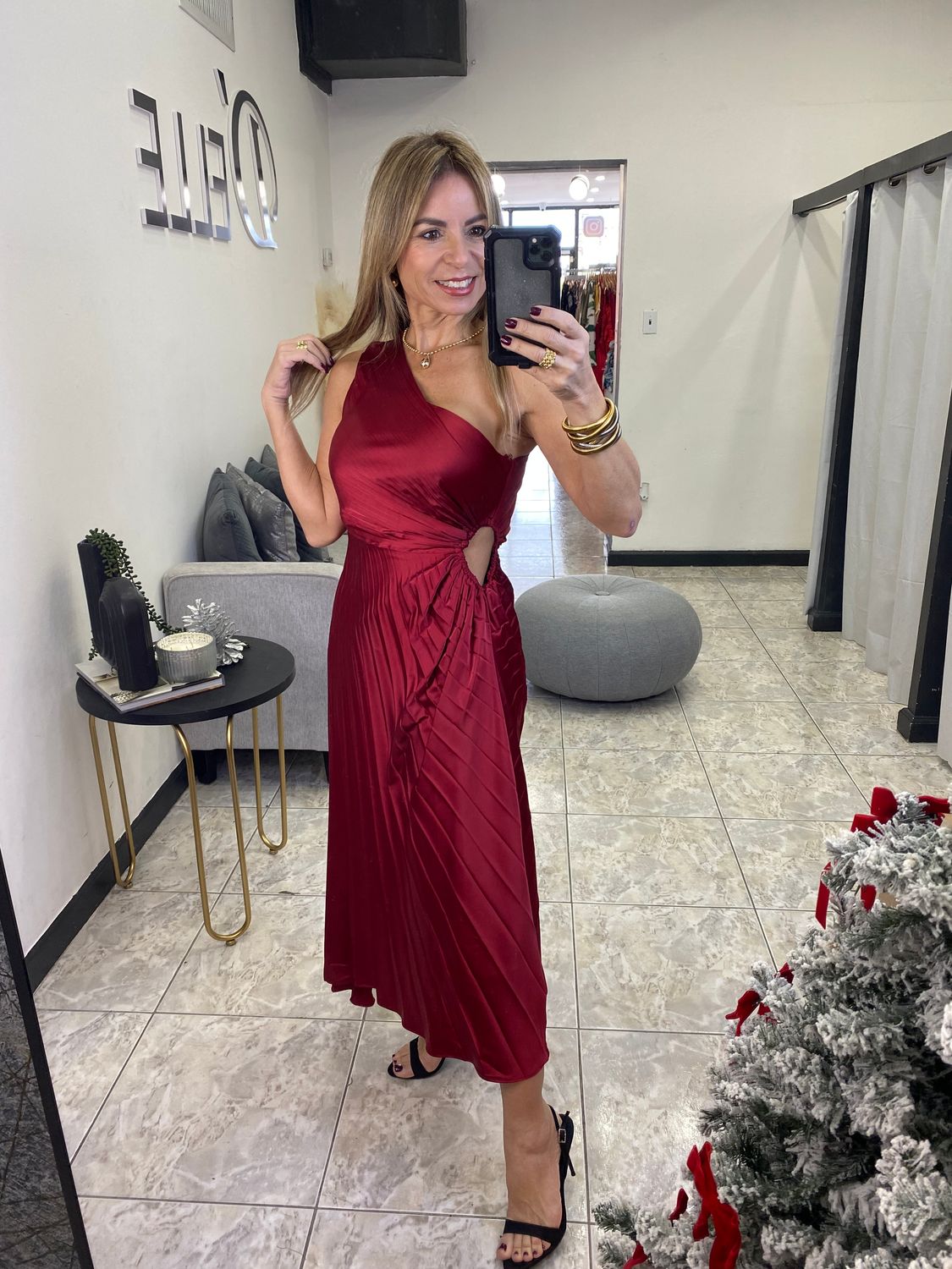 Wine One Shoulder Pleated Midi Dress