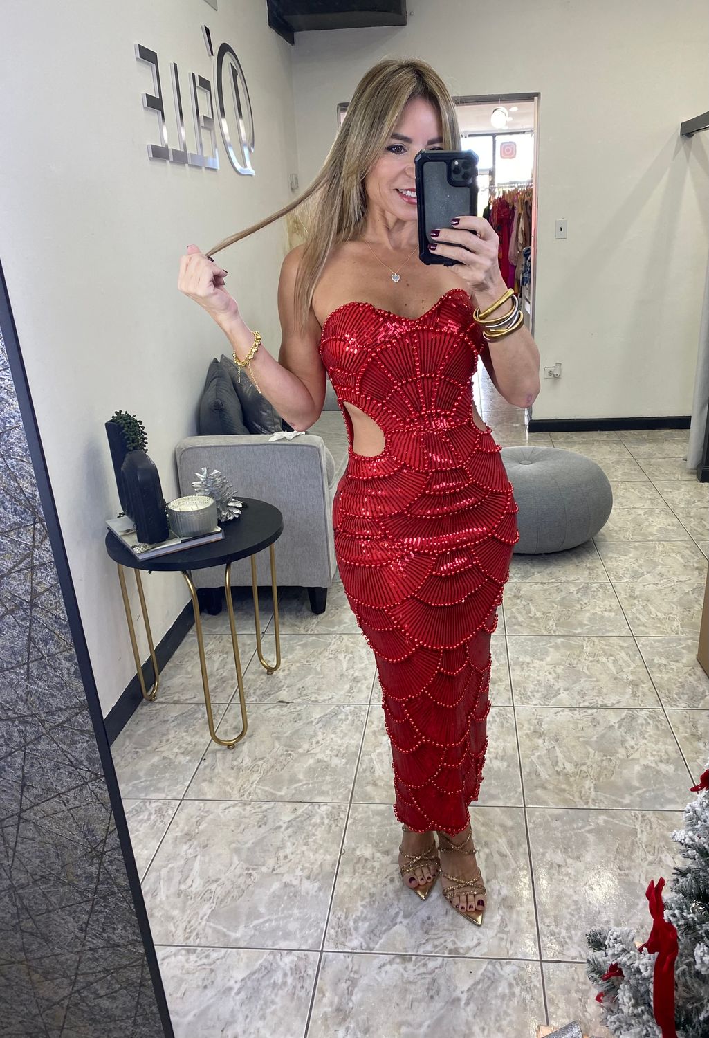 Red Sequins Strapless Midi Dress