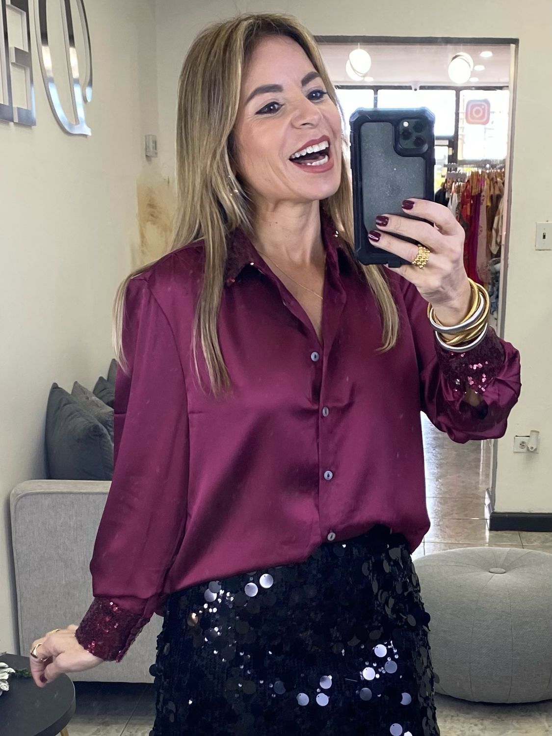 Wine Long Sleeve Satin Blouse