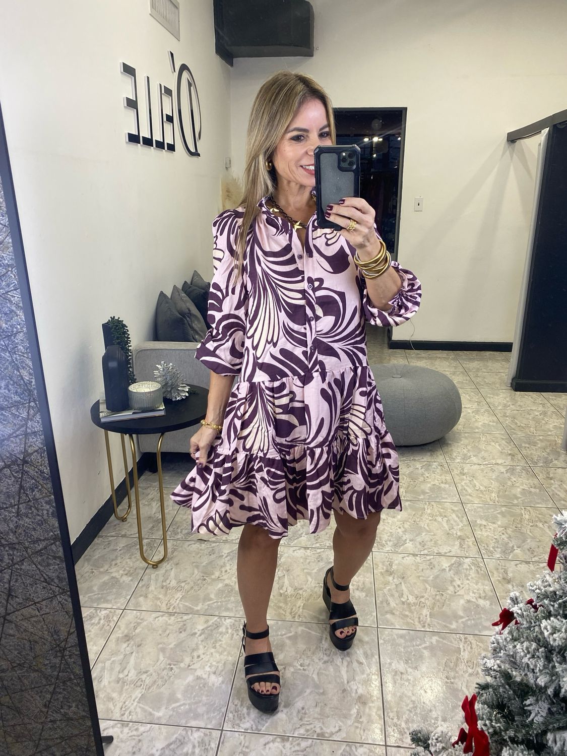 Burgundy Purple Printed Long Sleeve Dress