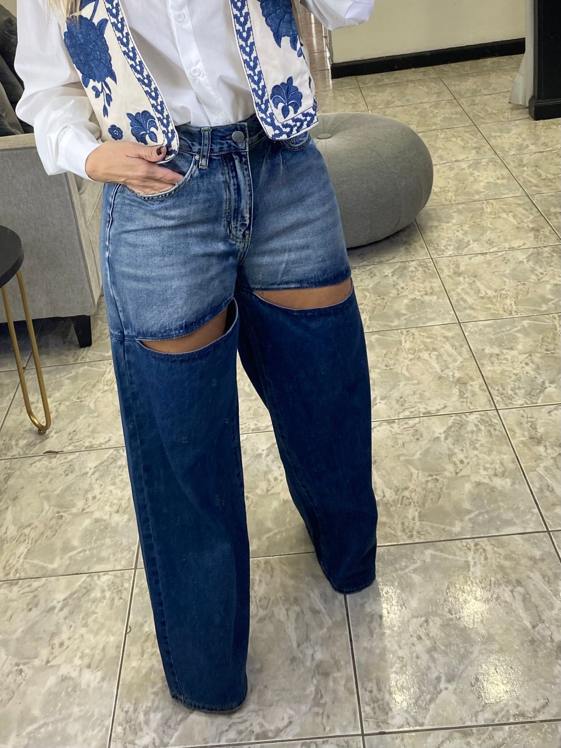 Denim Contrast Cutouts Pants