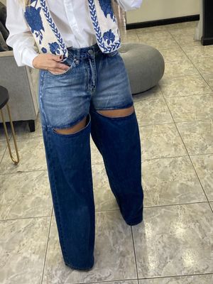 Denim Contrast Cutouts Pants