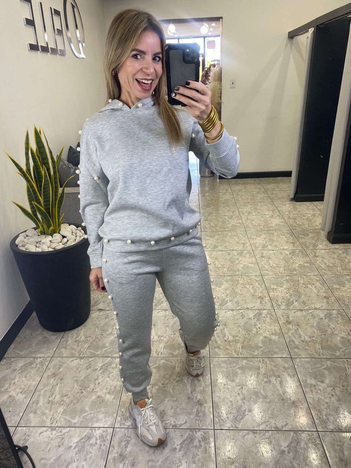 Grey Pearl Detailed Hoodie Jogger Set