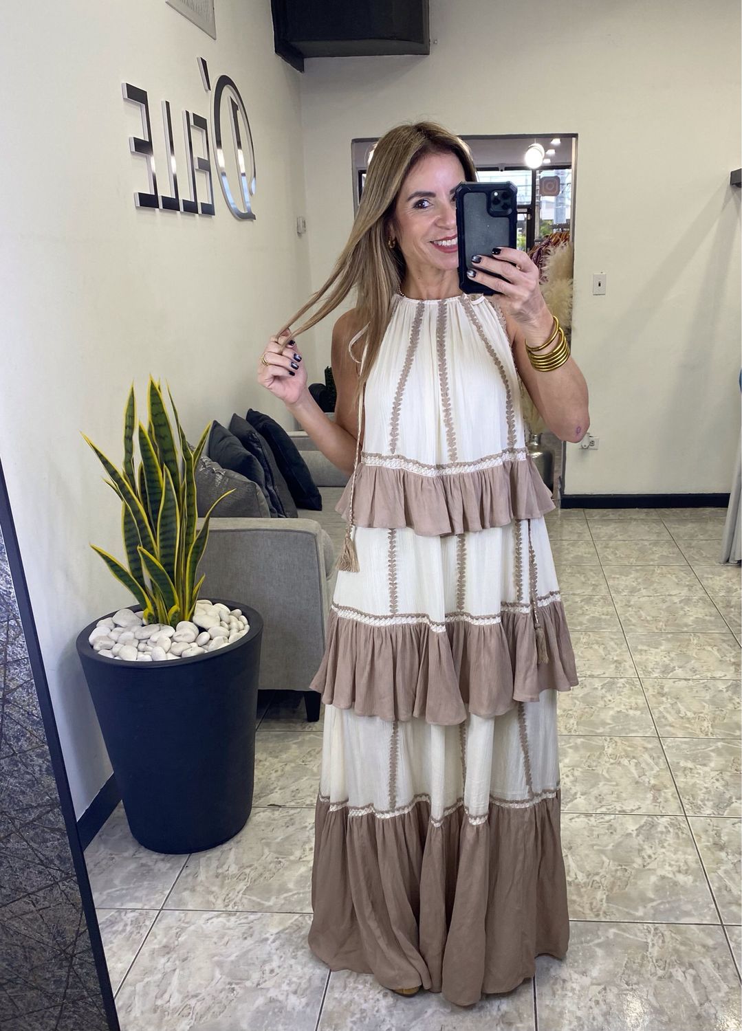 Taupe Solid Color Block Maxi Dress