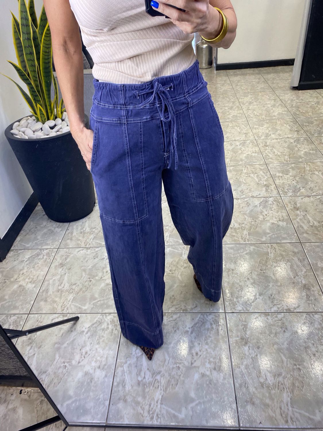 Navy Cotton Twill Pull-On Wide Leg Pants