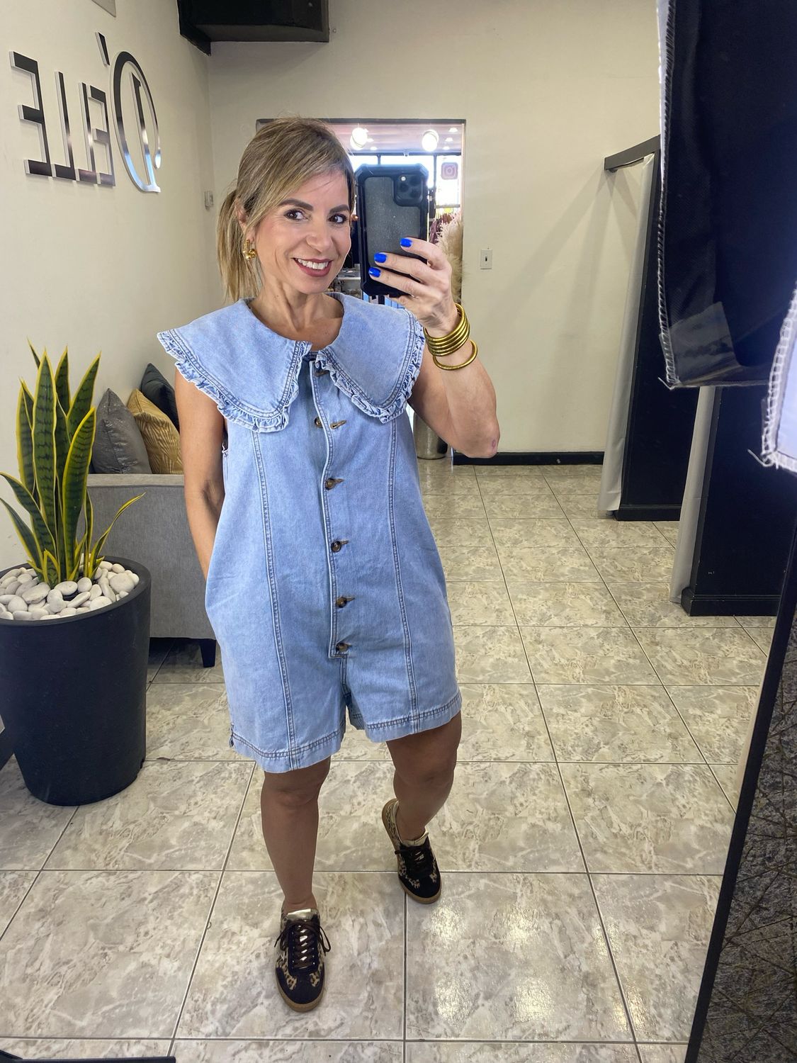 Lt Denim Collar Button Romper