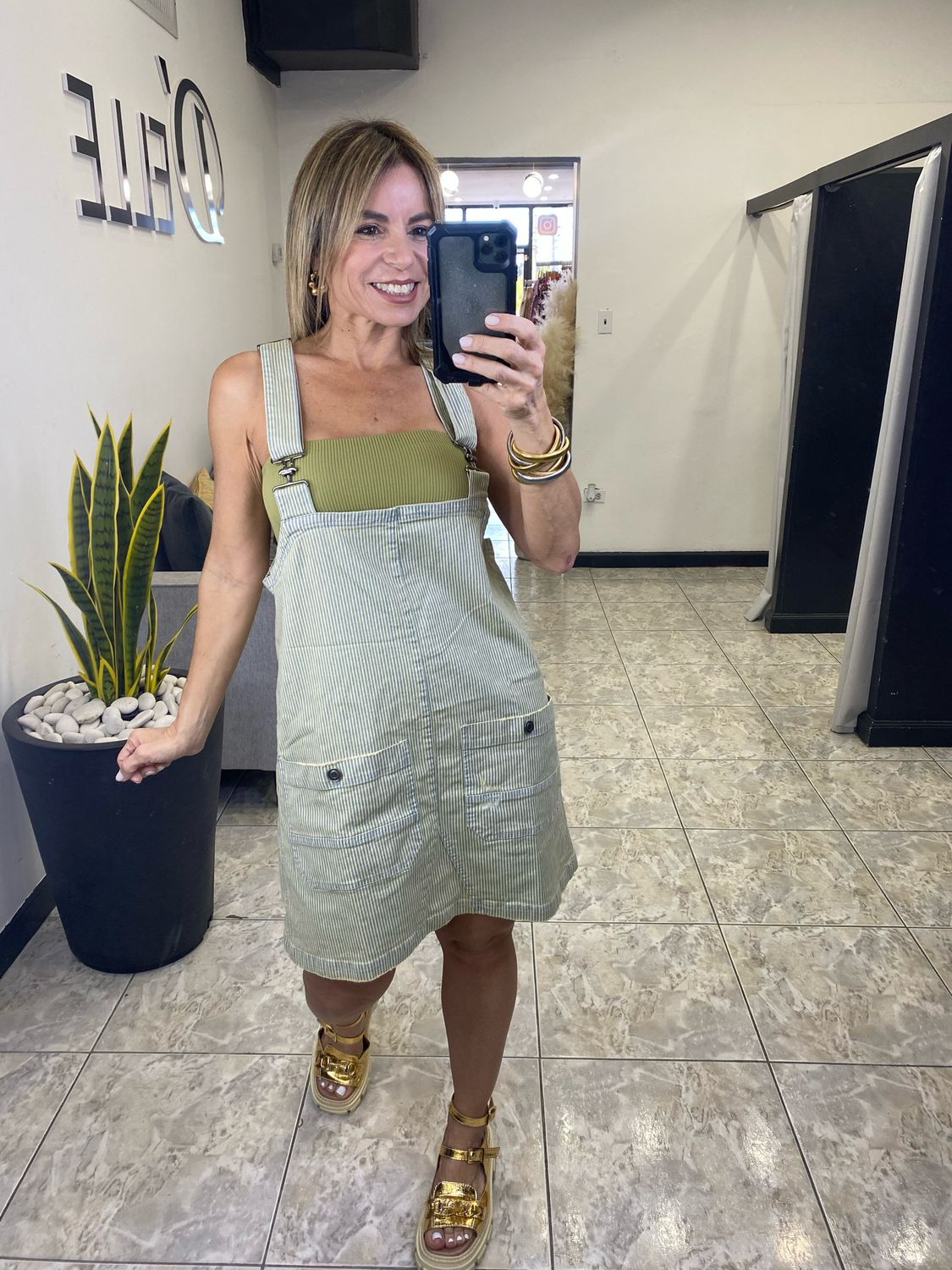 Lt Denim Striped Denim Overall Mini Dress