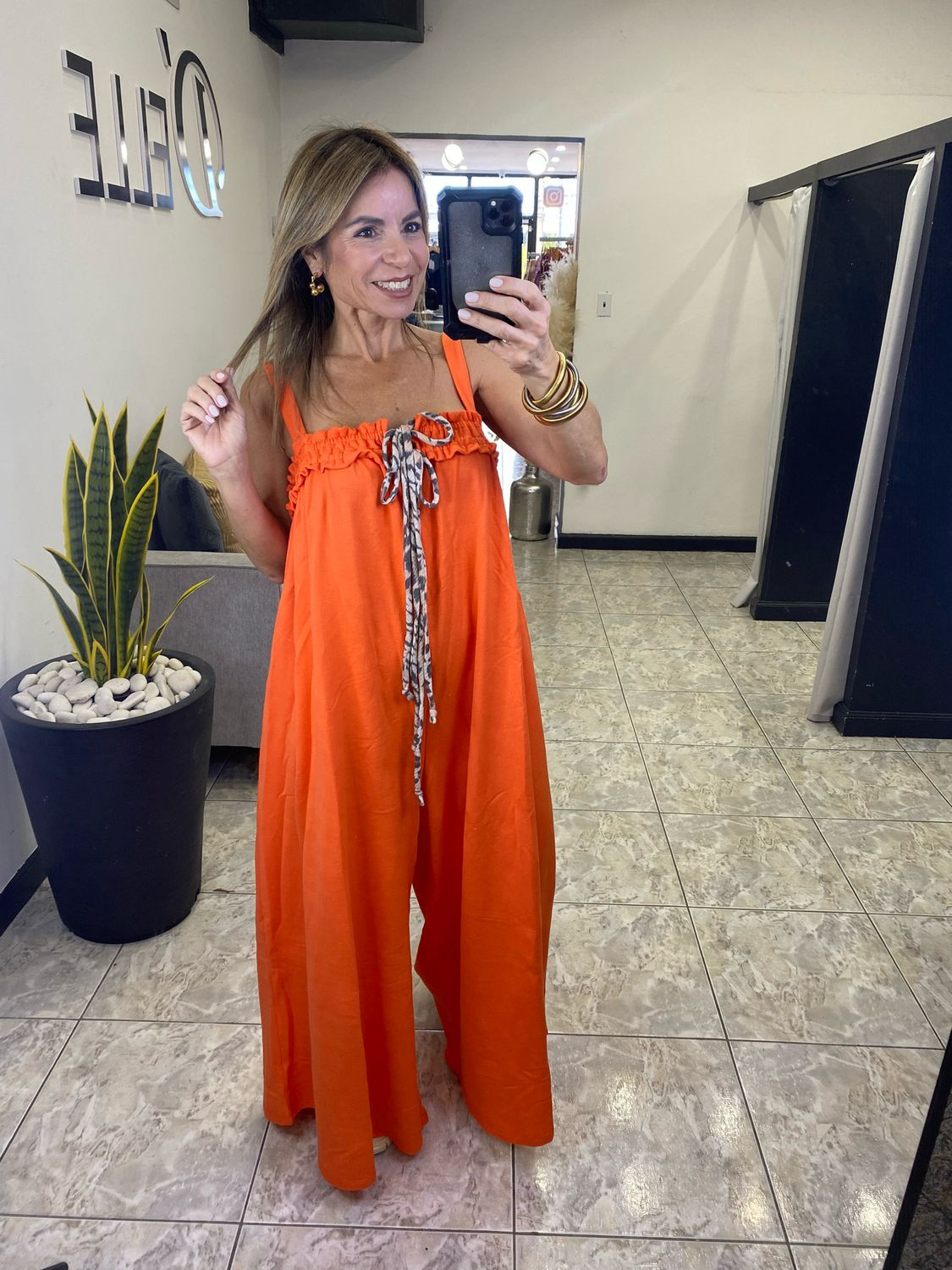 Orange Terry Detail Straps Jumpsuit