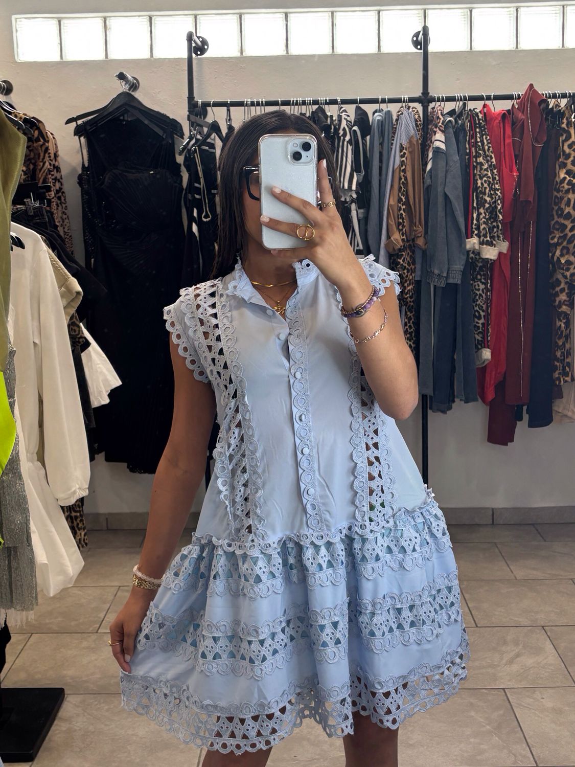 Light Blue Lace Detail Mini Dress