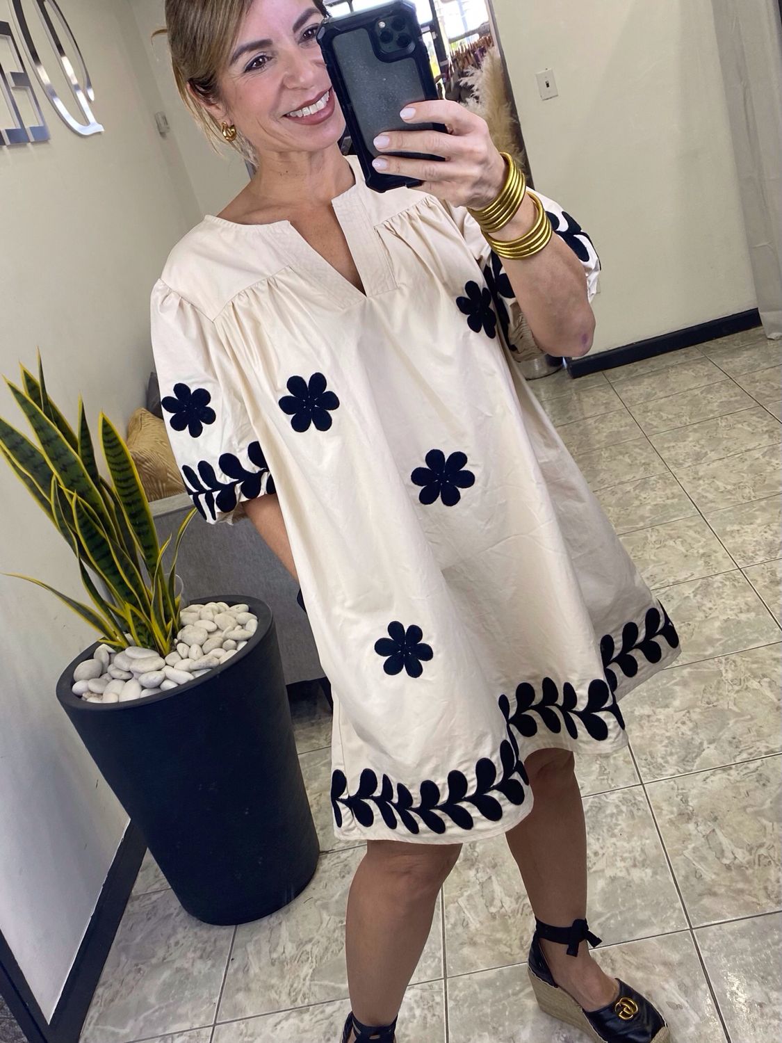 Ecru/Black Cotton Mini Dress