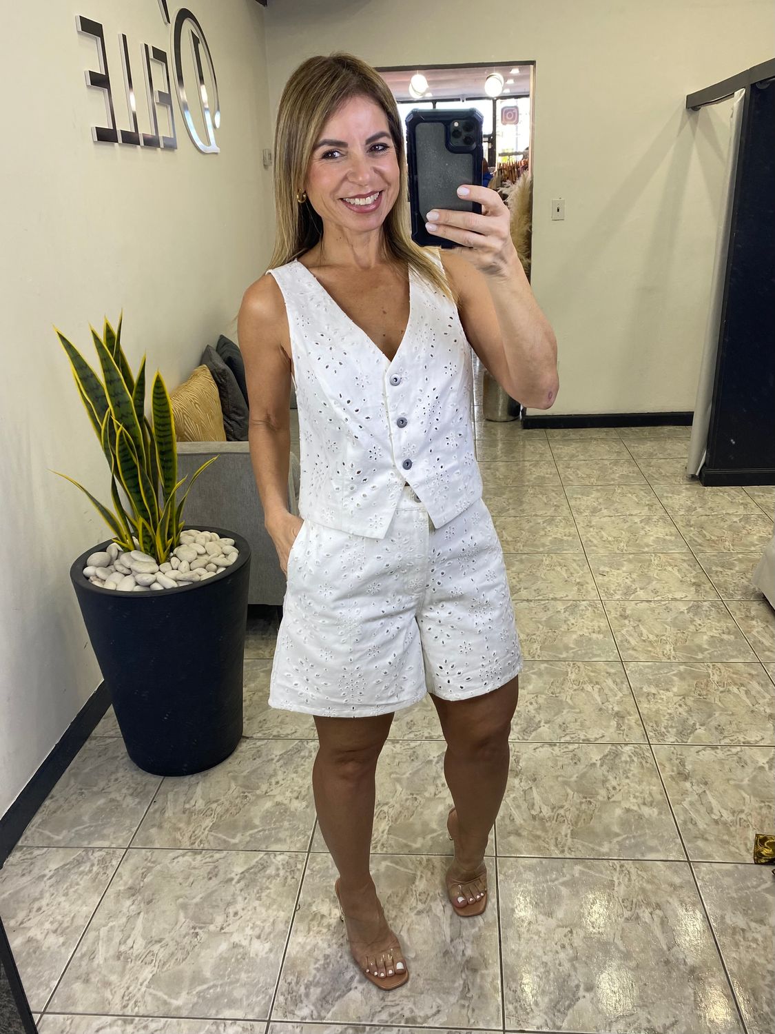 Off White Eyelet Denim Vest and Shorts Set