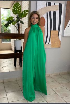 Green High Neck Band Long Jumpsuit