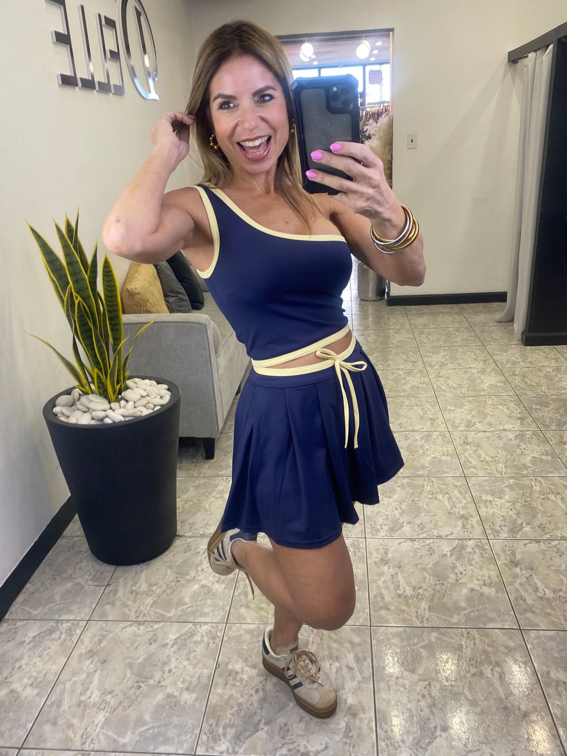Navy Blue Yellow Detail Sporty Chic Skort Set