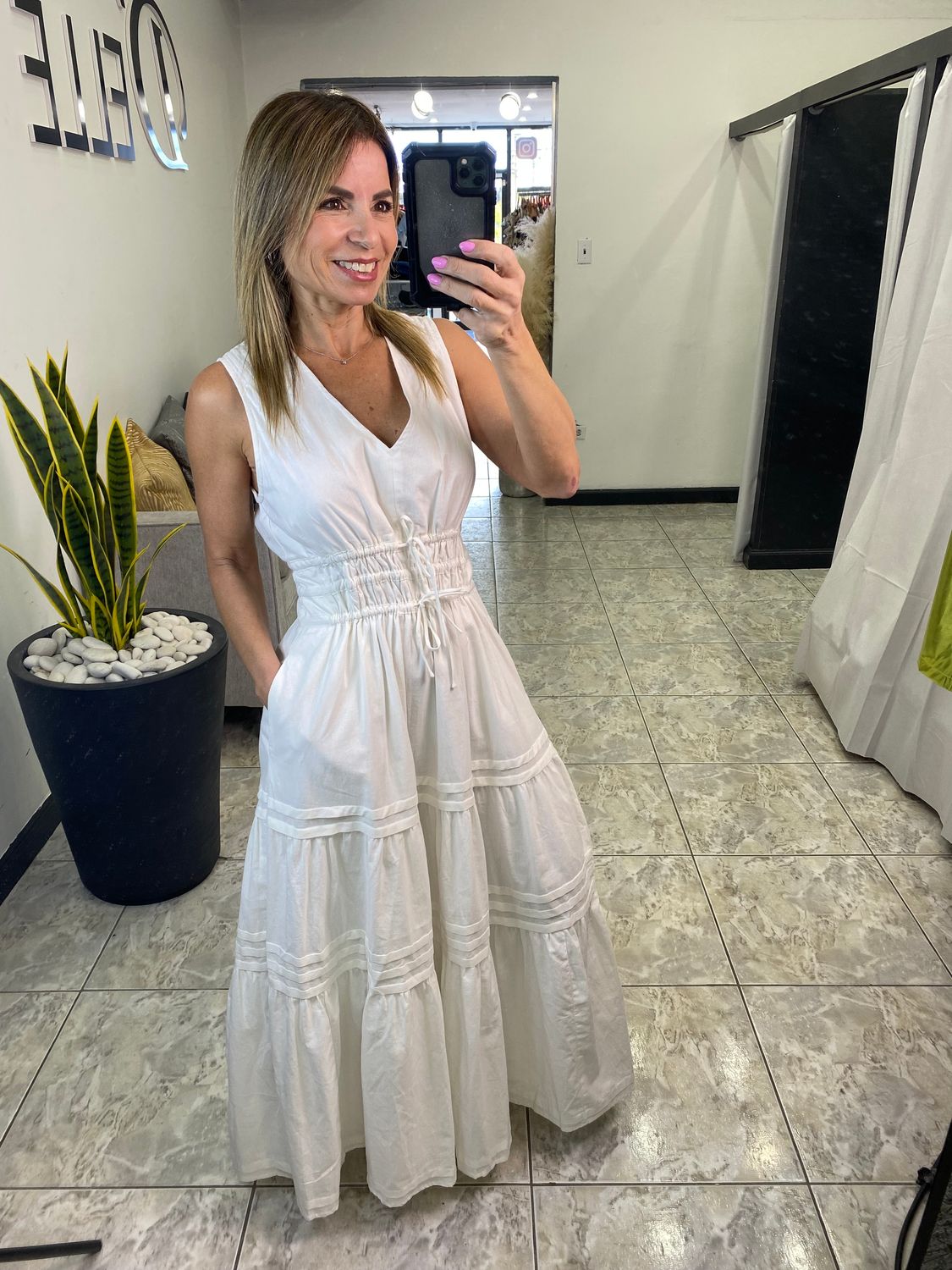 White Elastic Waist Midi Dress