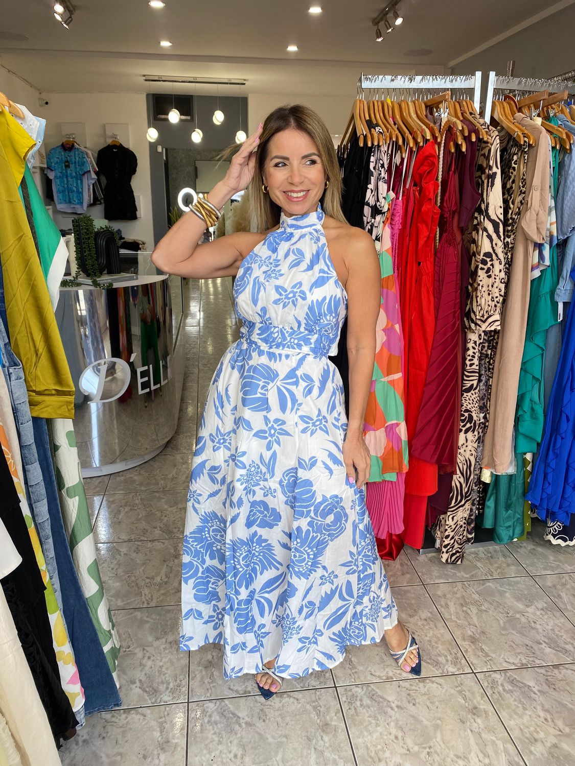 Blue/White Flower Halter Dress