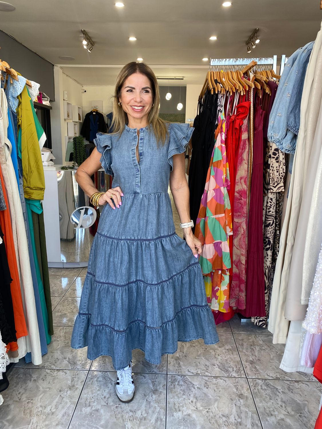 Washed Blue Midi Ruffle Dress
