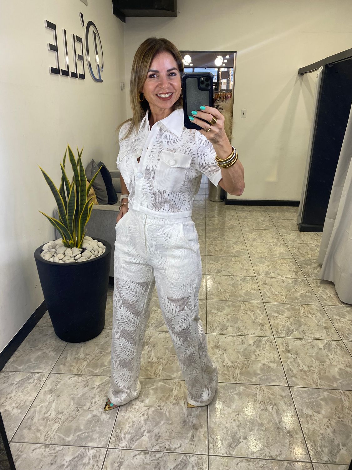 White Short Sleeve And Straight Leg Pants Set