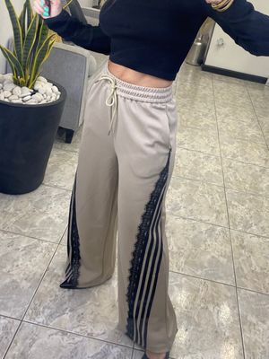Taupe Or White Lace Detail Elastic Waist Pants